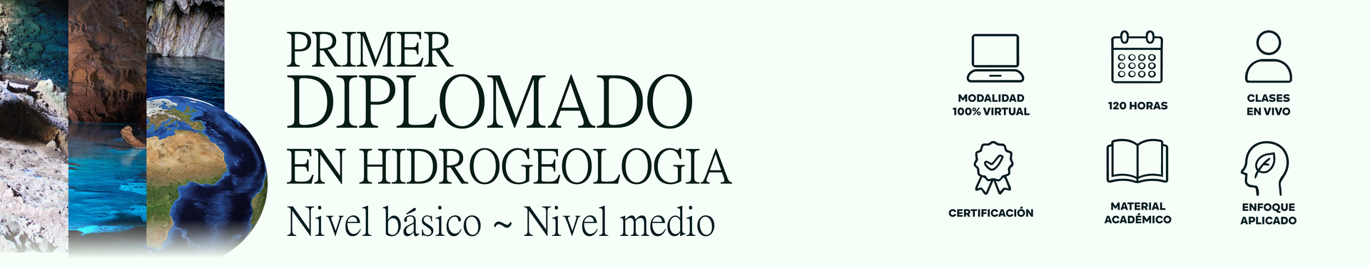Banner para “Primer Diplomado en Hidrogeología” con imágenes de agua azul y logotipos institucionales sobre un fondo blanco.