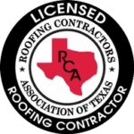 Circular logo for the Roofing Contractors Association of Texas featuring a red silhouette of Texas with 