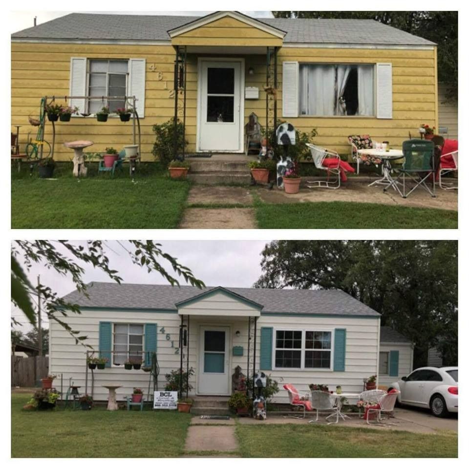 A before-and-after shot of a residential house exterior; the top in yellow siding, the bottom repainted white with blue.