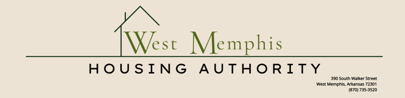 West Memphis Housing Authority logo on beige background with green house roof icon.