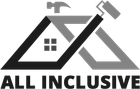 Logo for "All Inclusive" featuring a house outline incorporating a hammer and paint roller, in black and white.