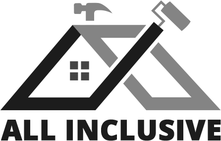 Logo for "All Inclusive" featuring a house outline incorporating a hammer and paint roller, in black and white.