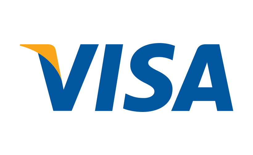 O logotipo da Visa em texto azul com um detalhe dourado na letra V.