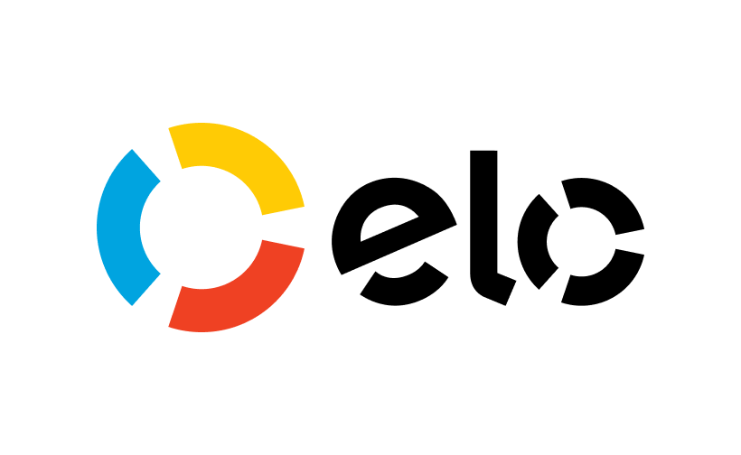 O logotipo da Elo apresenta um ícone circular com segmentos amarelos, azuis e laranjas ao lado do texto