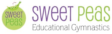 The logo for sweet peas educational gymnastics is green and purple.
