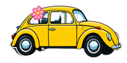 Yellow vintage car with a pink flower on the windshield