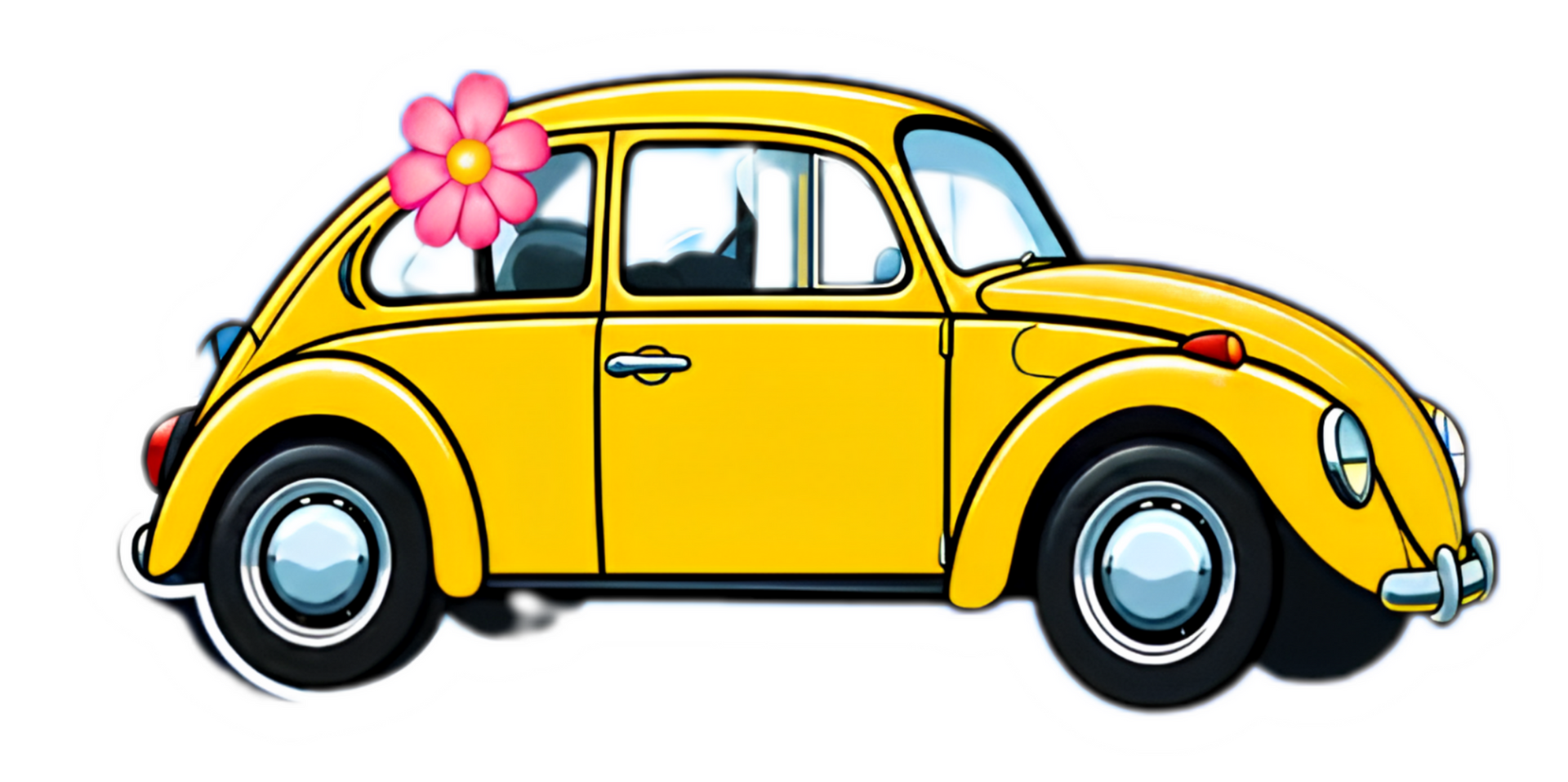 Yellow vintage car with a pink flower on the windshield