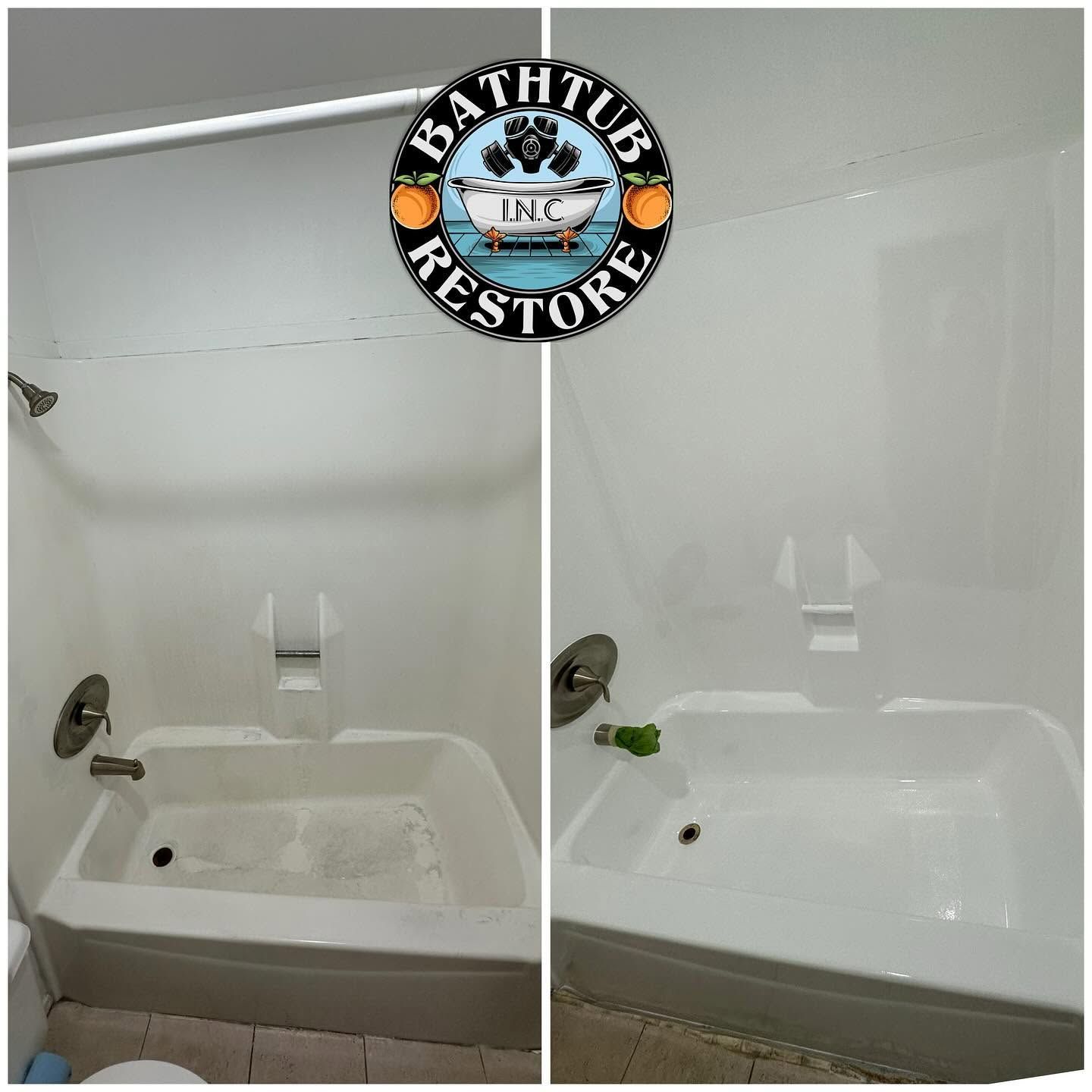 Before-and-after bathtub cleaning: dirty tub on left, clean white tub on right.