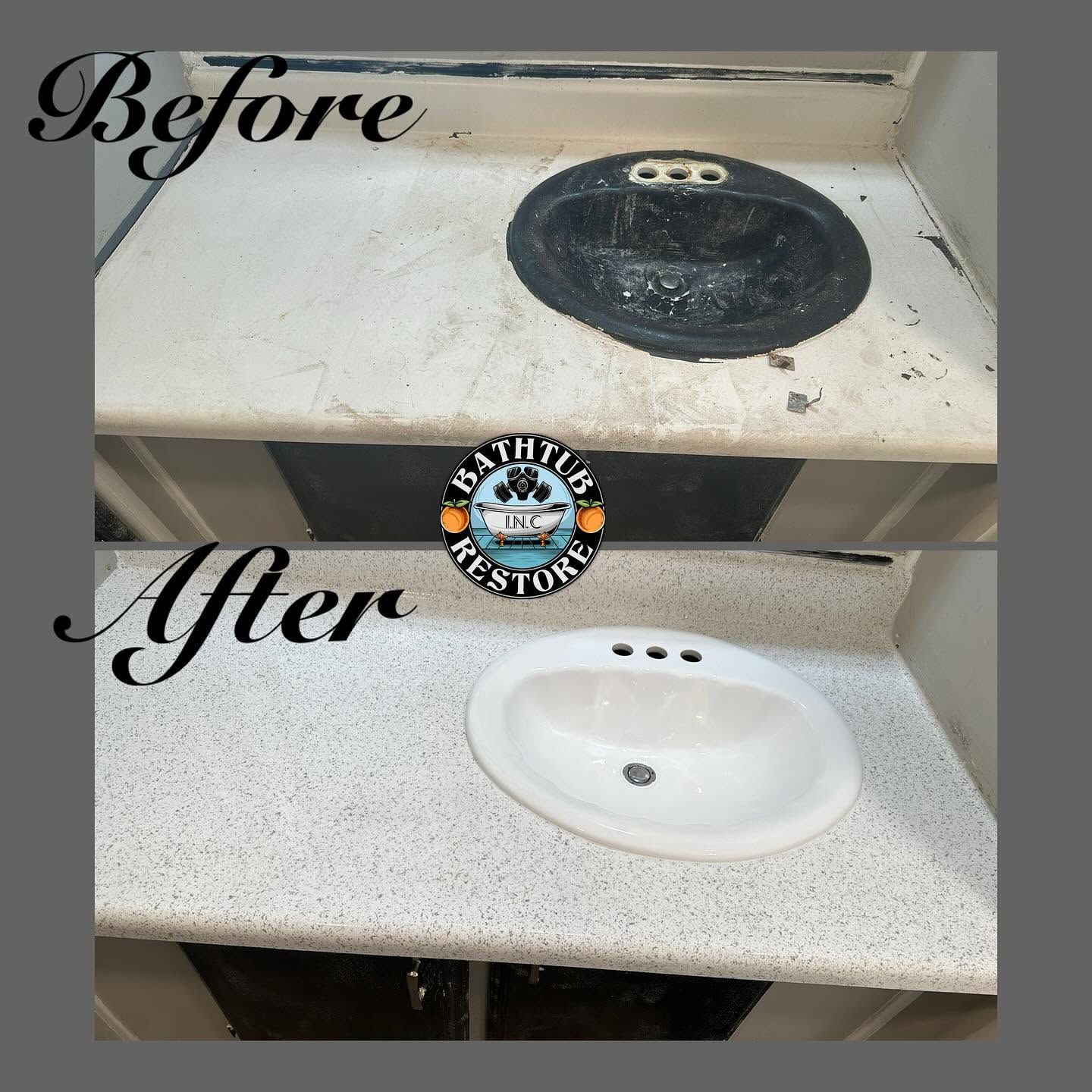 Before-and-after of a black countertop sink replaced with a white sink in a bathroom vanity.
