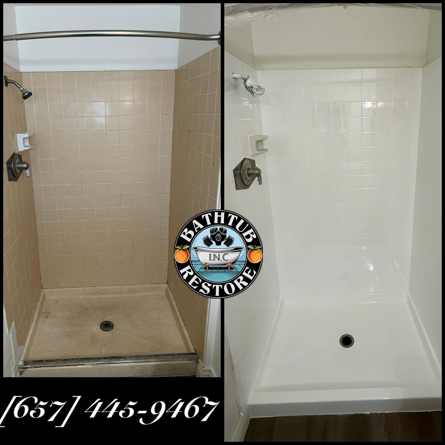 Before-and-after shower renovation: beige tile shower on left, white refinished shower on right.
