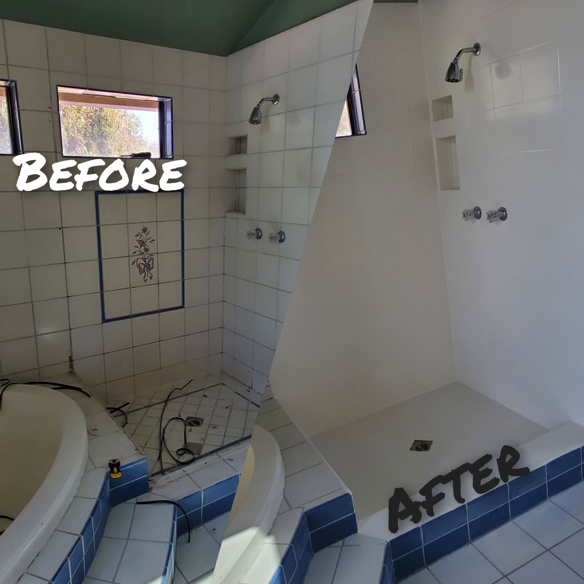 Bathroom shower renovation before-and-after: old tiled stall on left, white finished shower on right.