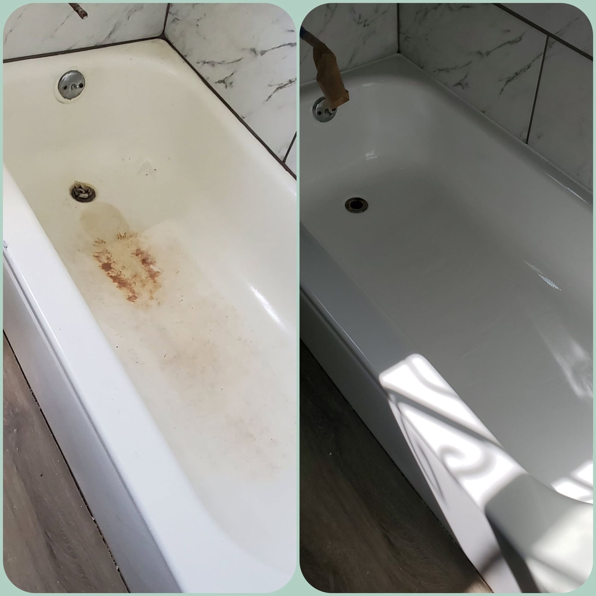 Before-and-after of a bathtub stain being cleaned, showing a dirty tub on the left and a clean tub on the right