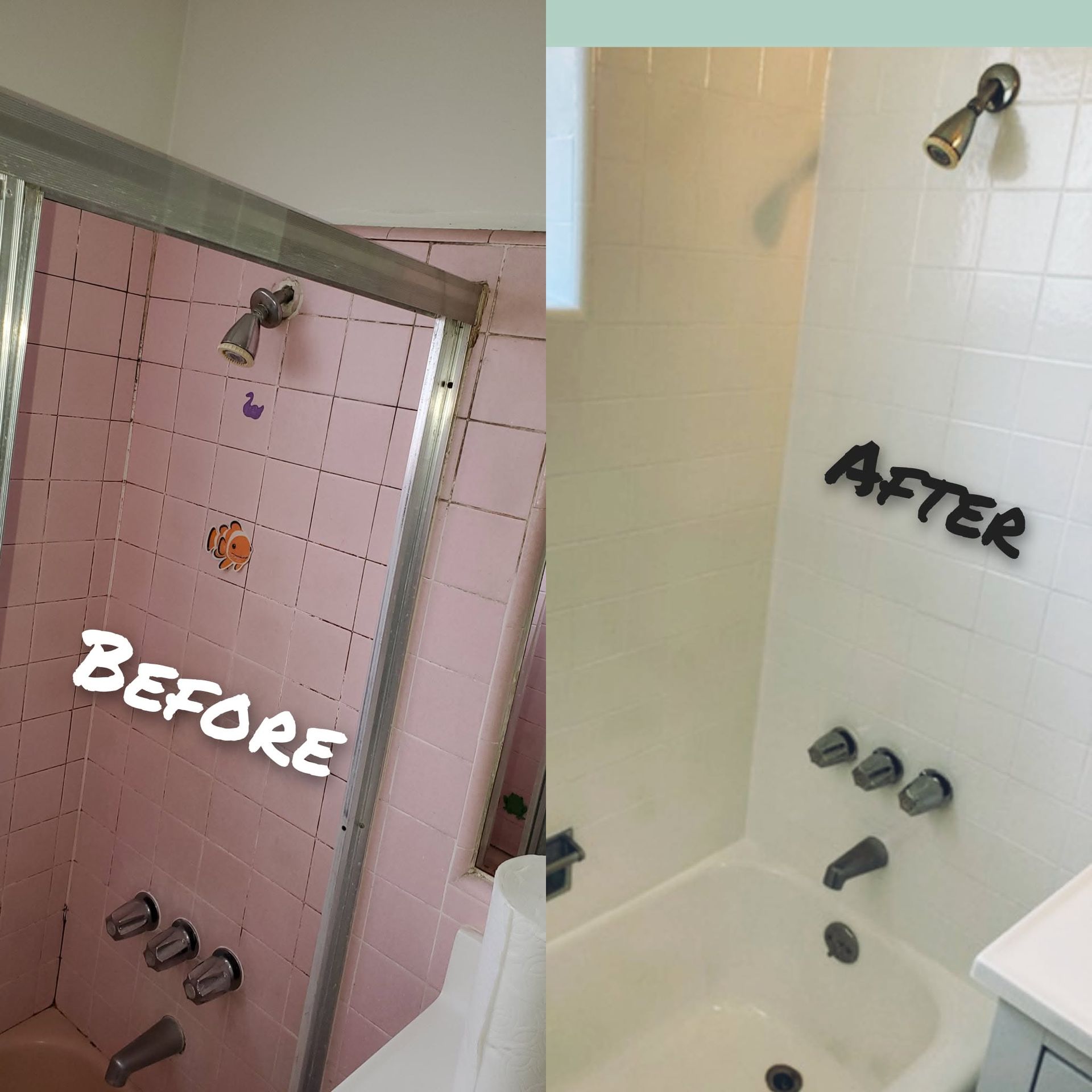 Pink bathroom shower before-and-after comparison, showing a pink-tiled stall replaced with a white bathtub shower.