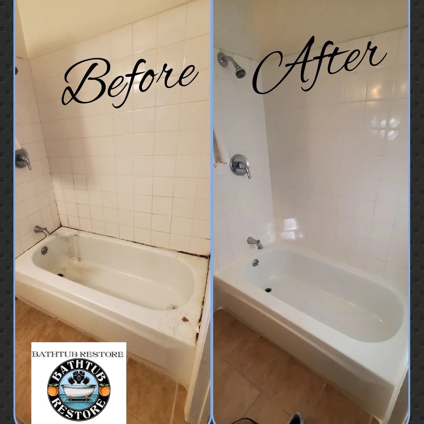 Before-and-after bathroom tub remodel: old white tub and tiled wall, then new white tub with beige walls and wood floor.