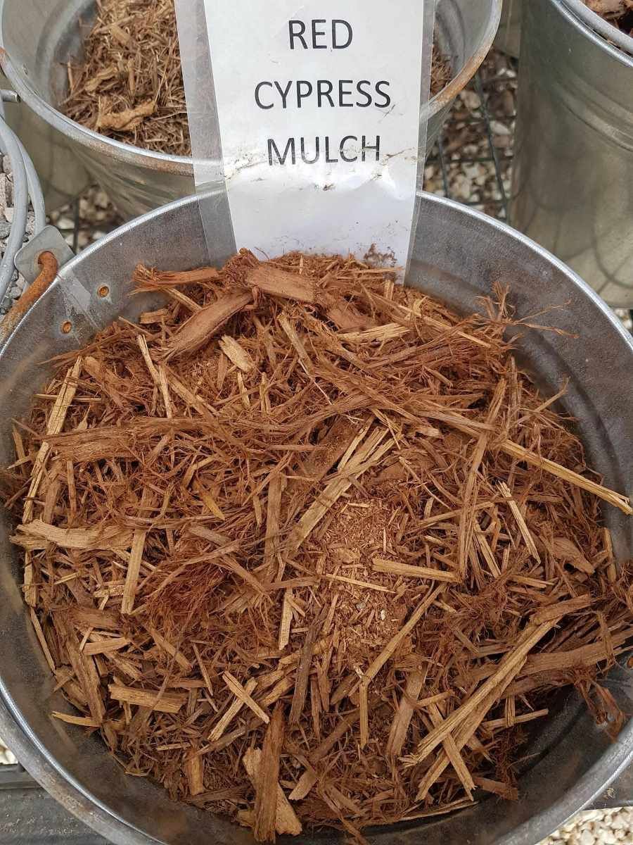 A Metal Bucket Filled With Red Cypress Mulch — T&G Sand and Gravel In Sippy Downs, QLD