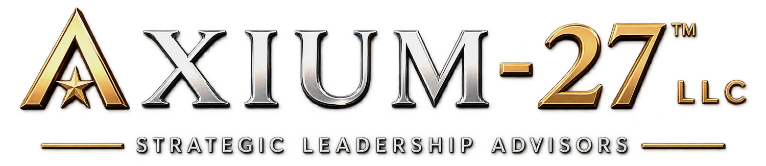 AXIUM-27 LLC logo with gold and black text and a pyramid icon on white background
