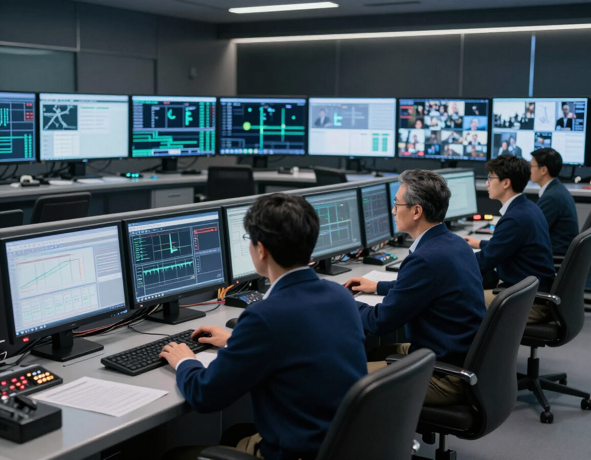Control room operations center with personnel at monitoring stations