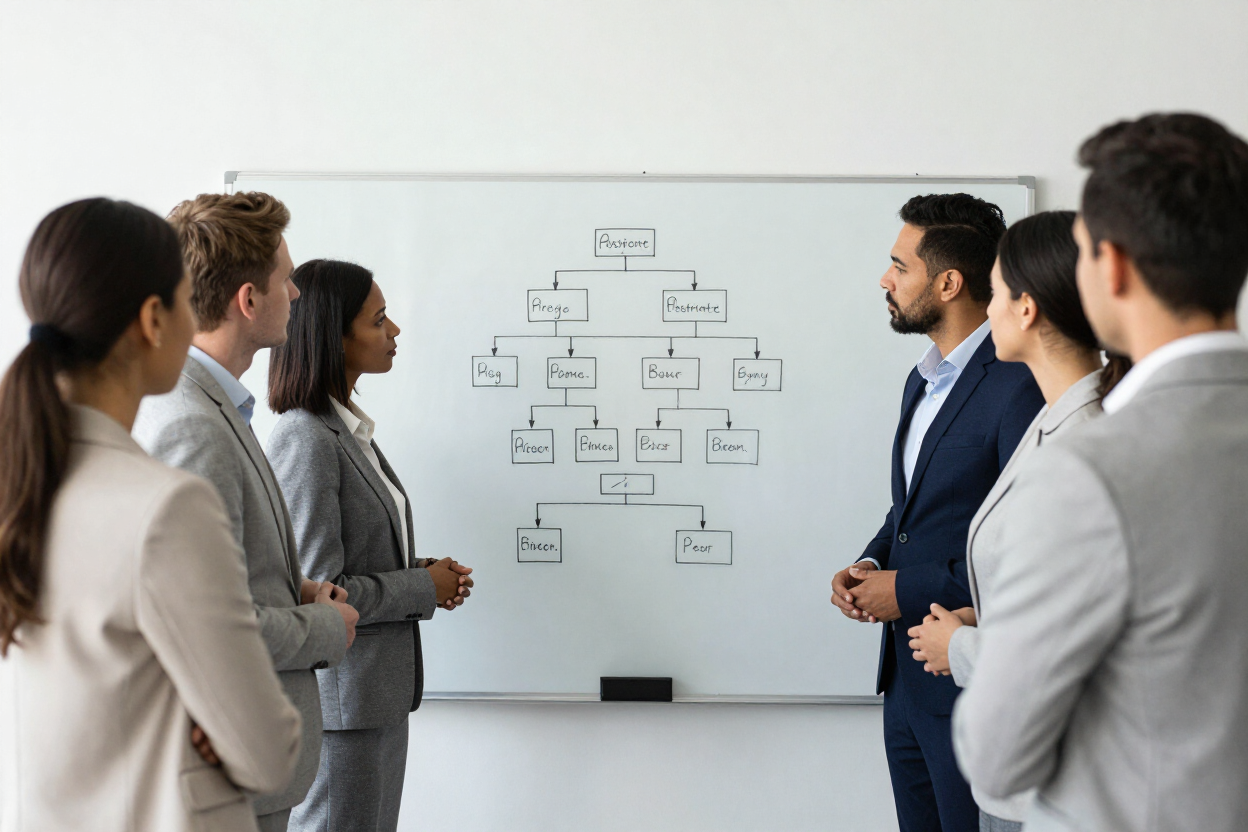 Leadership team working session with organizational diagrams