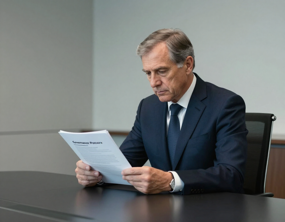 Senior executive reviewing governance policy document