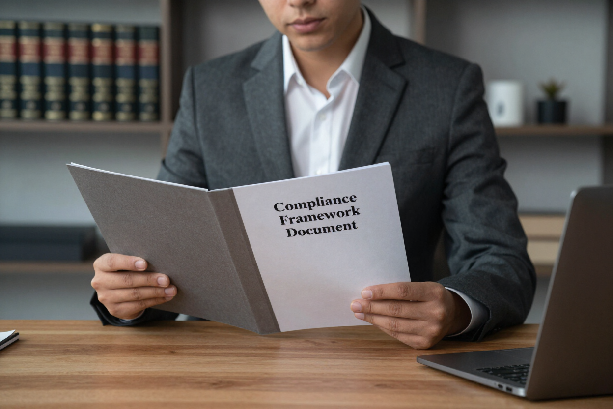 Policy professional reviewing compliance framework document