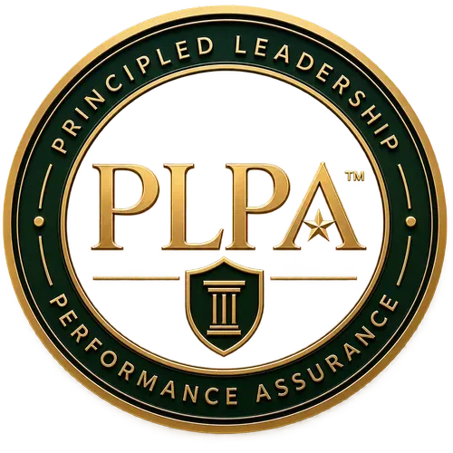 PLPA circular logo in black, gold, and white, reading “Principled Leadership Performance Assurance”