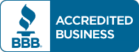 BBB Accredited Business logo in blue and white with a torch icon and text