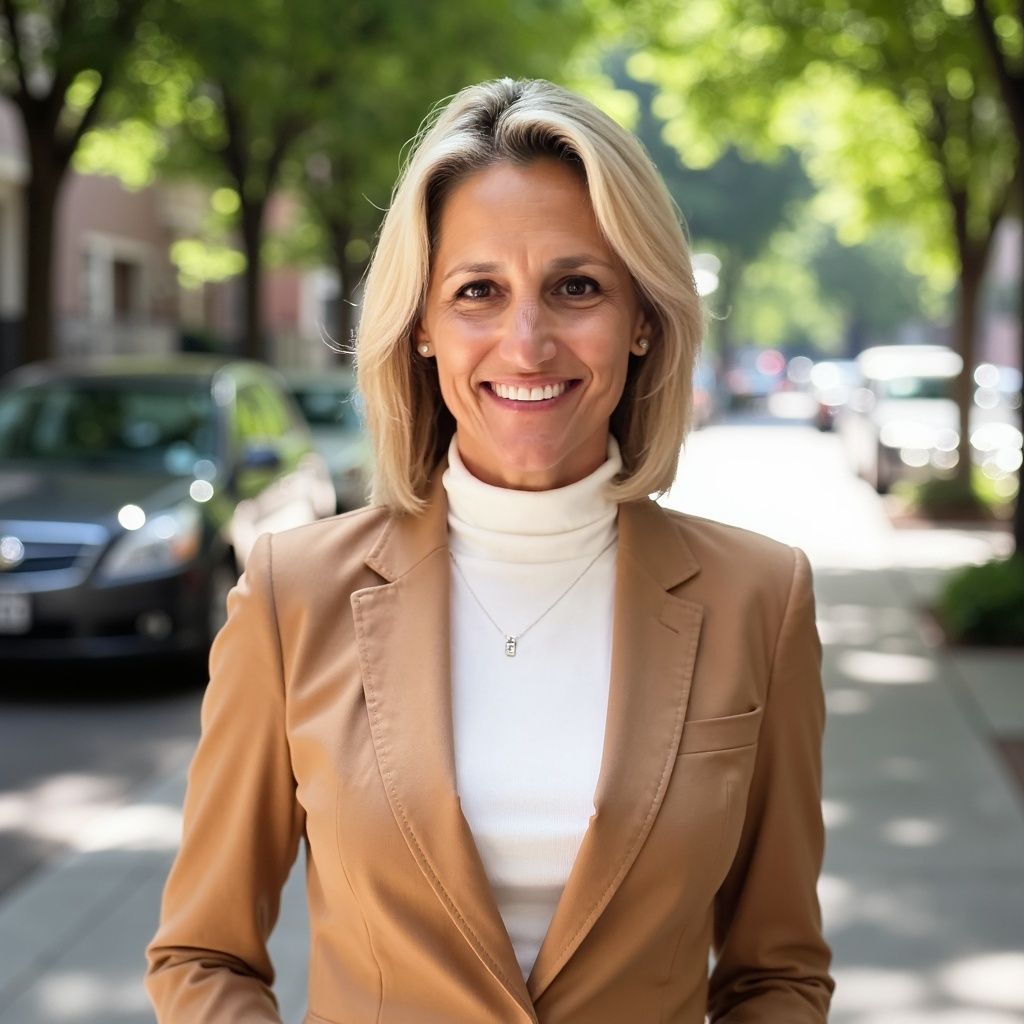 Woman with blonde bob haircut wearing a gold turtleneck, smiling.