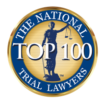 The National Trial Lawyers Top 100 badge: Lady Justice holding scales, blue and gold circular seal.