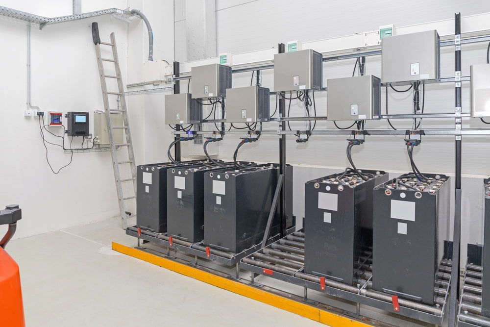 Battery Room With Rows of Black Batteries, Power Inverters, and a Ladder — Brett Cox Electrical and Solar in Gumly Gumly, NSW