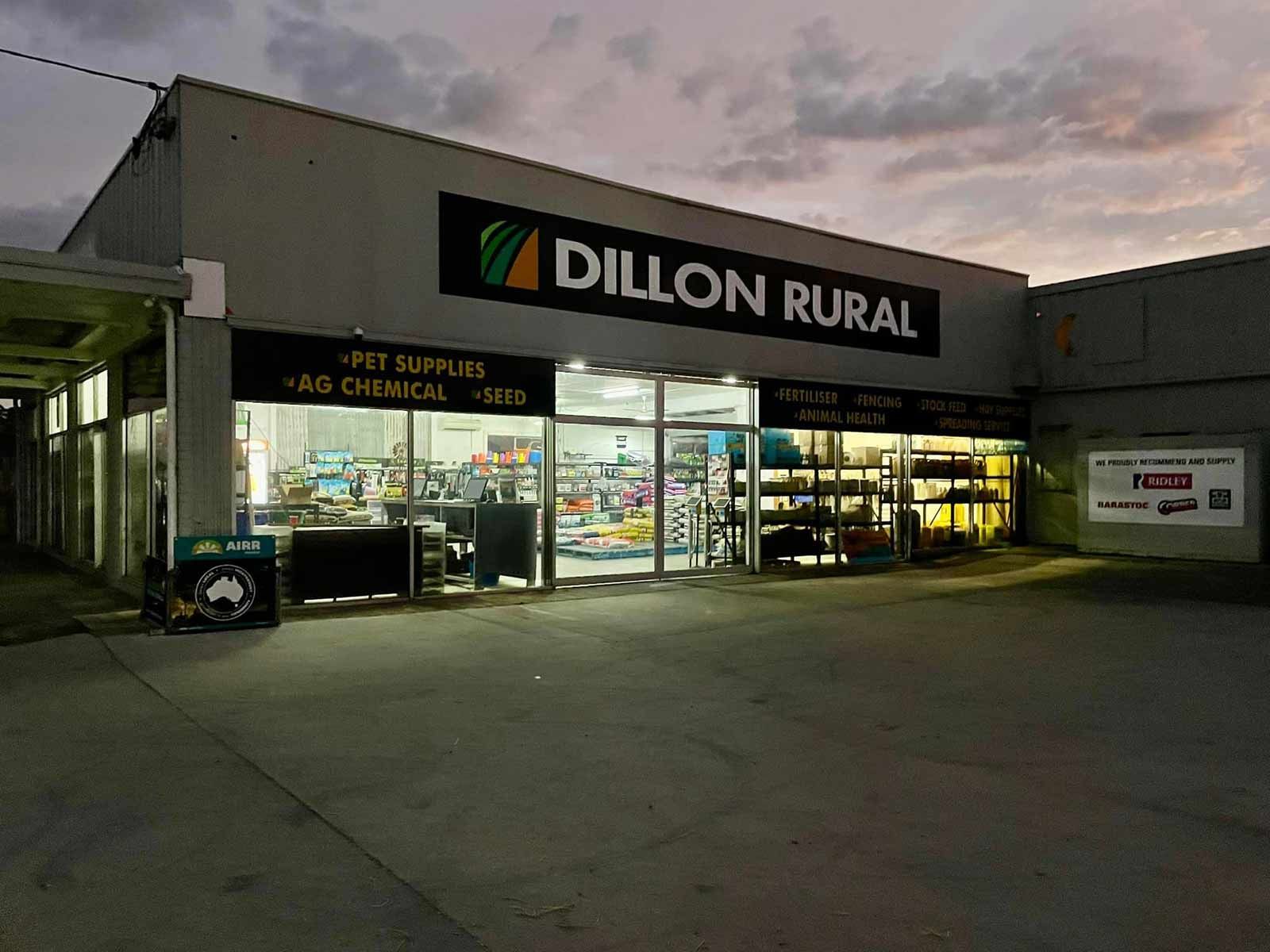 The Front Of A Dillon Rural Store At Night — Dillon Rural In Cundletown, NSW