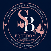 Circular navy logo with pink SB monogram, lock, heart, dove, and text: Freedom with Compassion, We’ve Got Your Back.