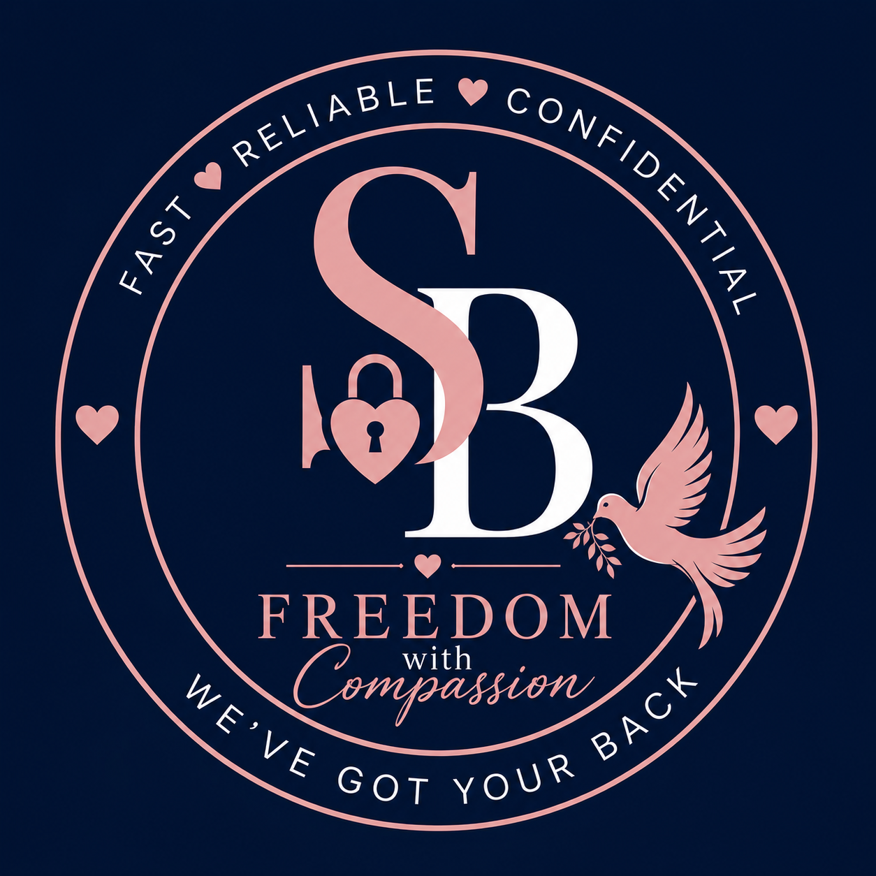 Circular navy logo with pink SB monogram, lock, heart, dove, and text: Freedom with Compassion, We’ve Got Your Back.