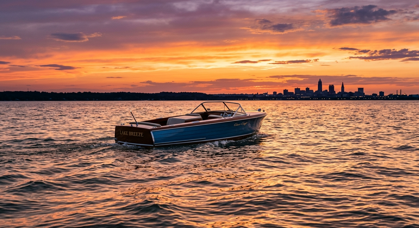 A recreational fishing boat on Lake Erie near a marina on the Ohio shoreline on a partly cloudy afternoon