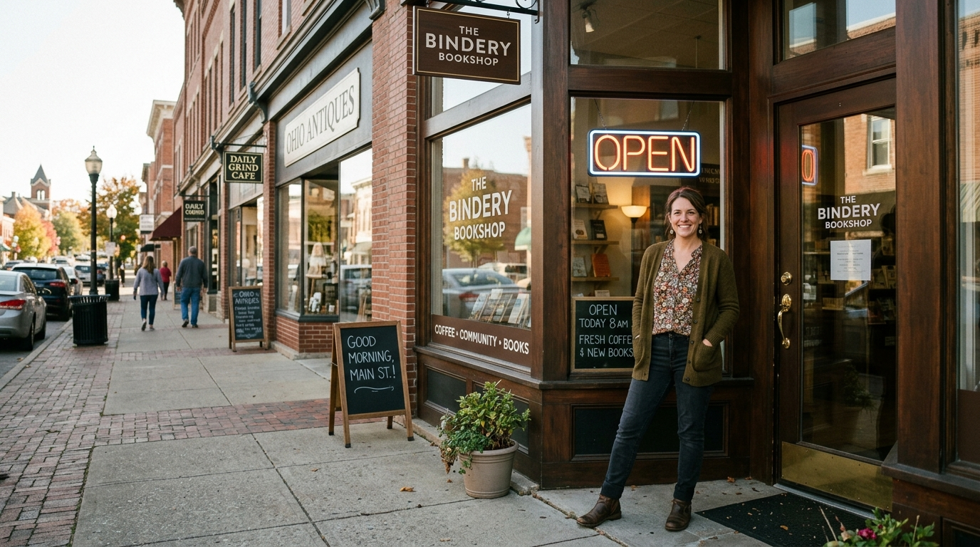 Small business owner reviewing insurance documents at a desk inside a retail shop in Ohio