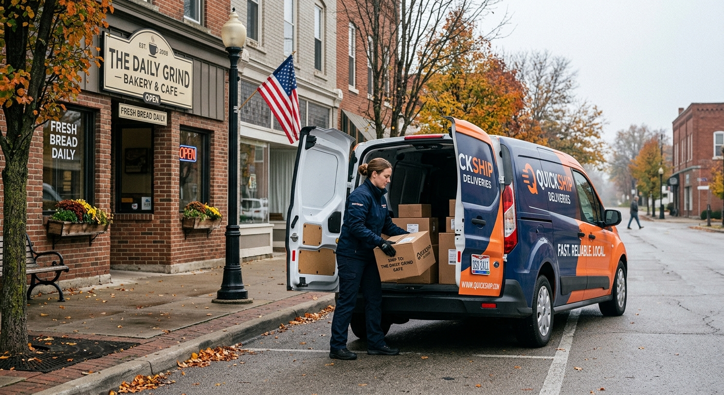 Work van parked outside a small business storefront on a cloudy Ohio day, ready for a job site delivery