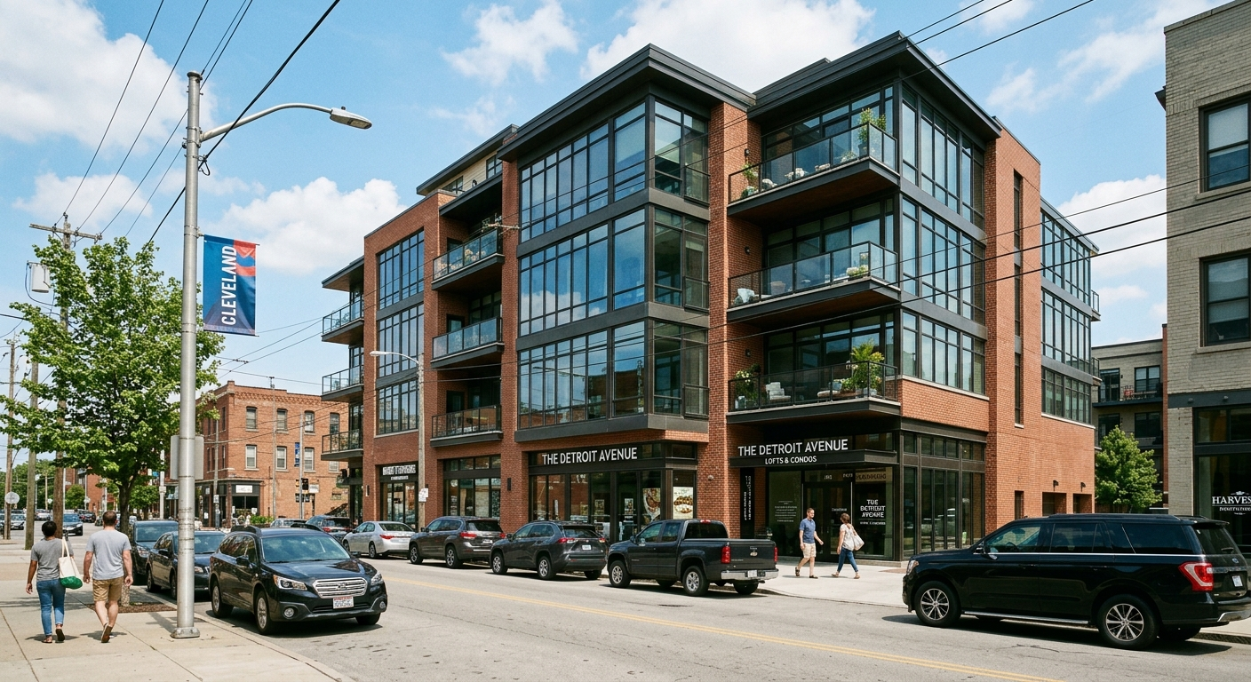 Exterior view of a modern condo building in Cleveland, Ohio on a partly cloudy winter day near Lake Erie