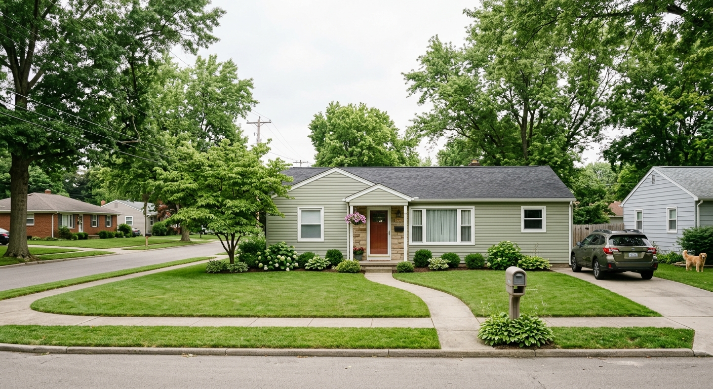 Exterior of a two-story brick rental home on a residential street in northeast Ohio on a cloudy winter day