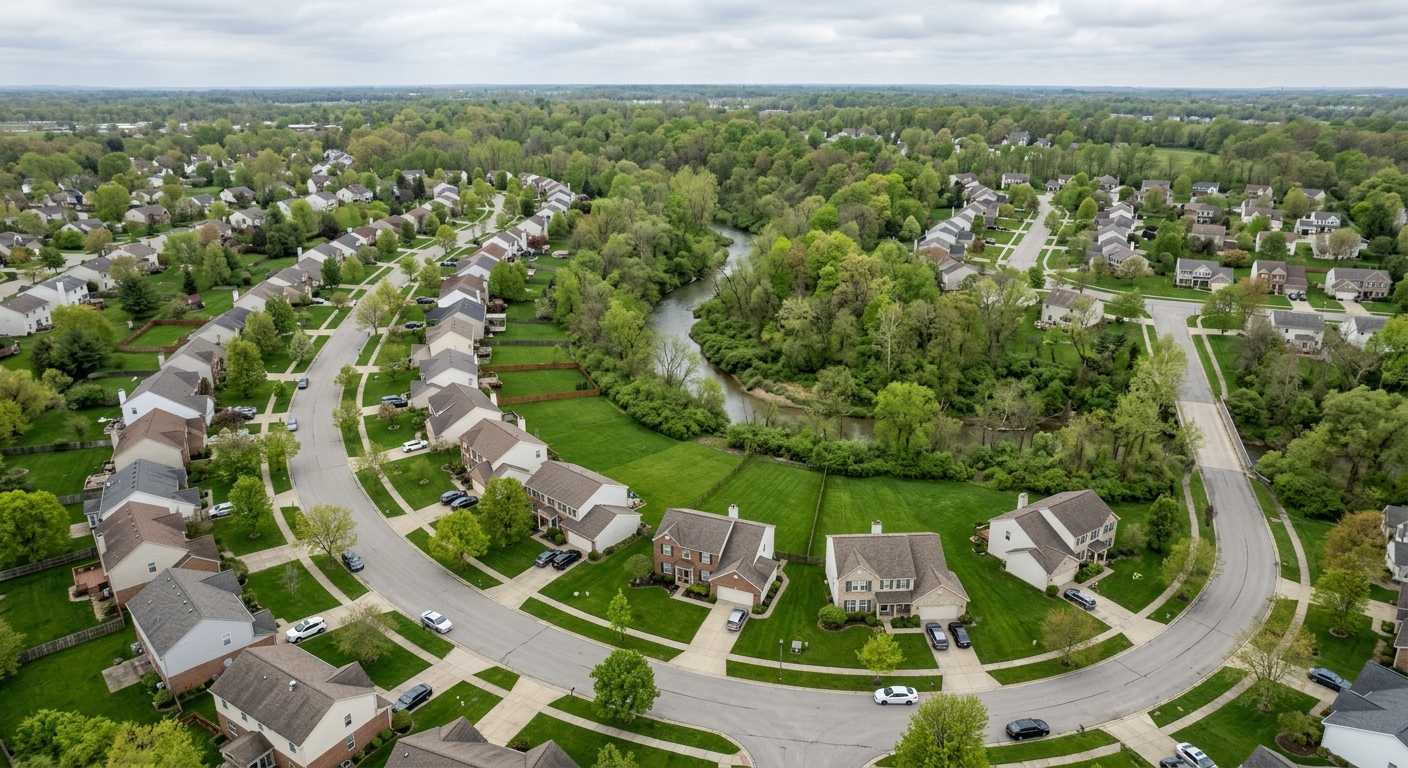 Flooded residential street in an Ohio suburb with water covering lawns and approaching a home's front door