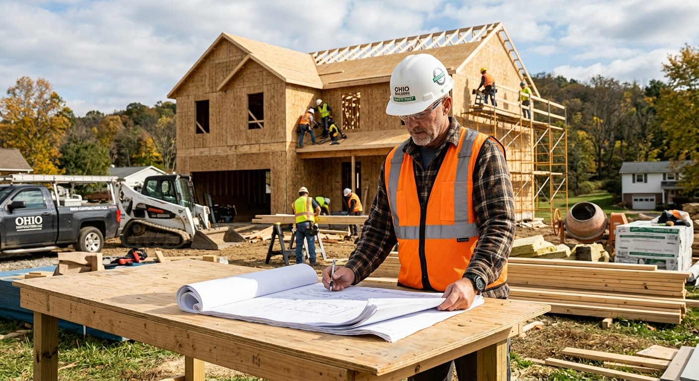 Ohio contractor in a hard hat reviewing documents on a residential job site with lumber and framing visible in the background