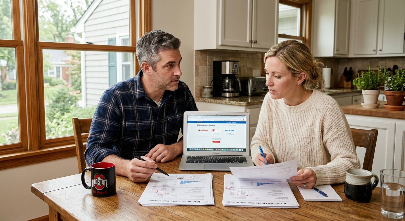 Person reviewing multiple car insurance documents at a kitchen table in a Cleveland-area home, pen in hand