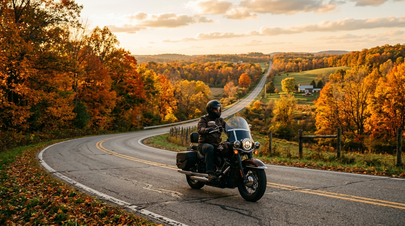 Motorcycle parked on a scenic Ohio road with autumn trees and overcast Great Lakes sky in the background