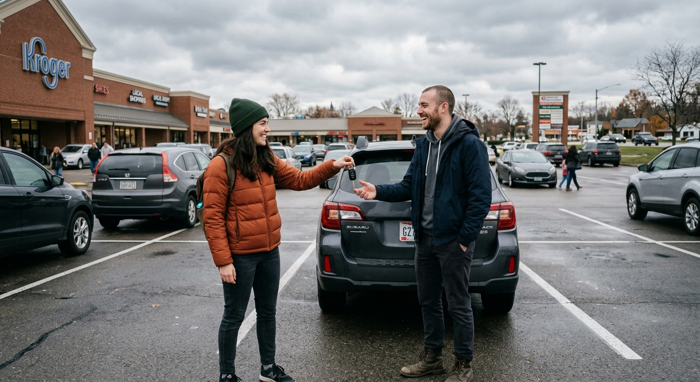 Person handing car keys to another driver outside a rental agency in Cleveland, Ohio on a cloudy day