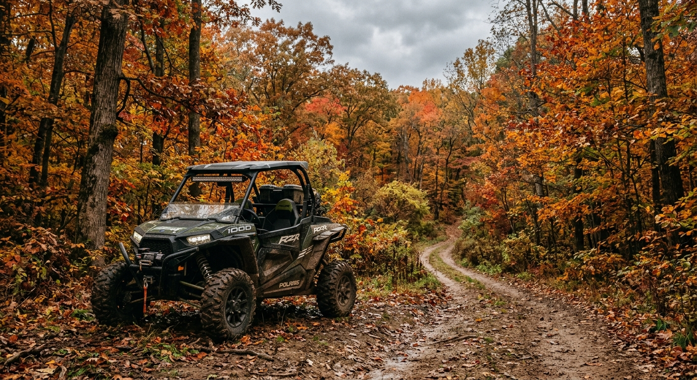 ATV rider navigating a muddy trail through a wooded Ohio forest on an autumn afternoon