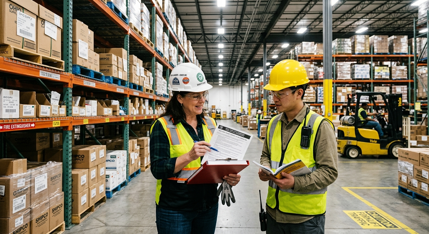 A small business owner in a warehouse reviewing paperwork at a desk with safety equipment visible in the background