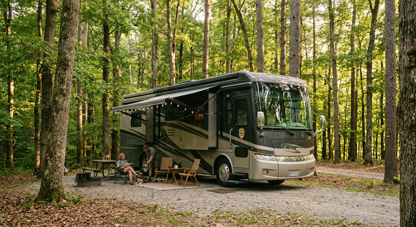A white motorhome parked at a scenic Ohio campground surrounded by autumn trees near a lake