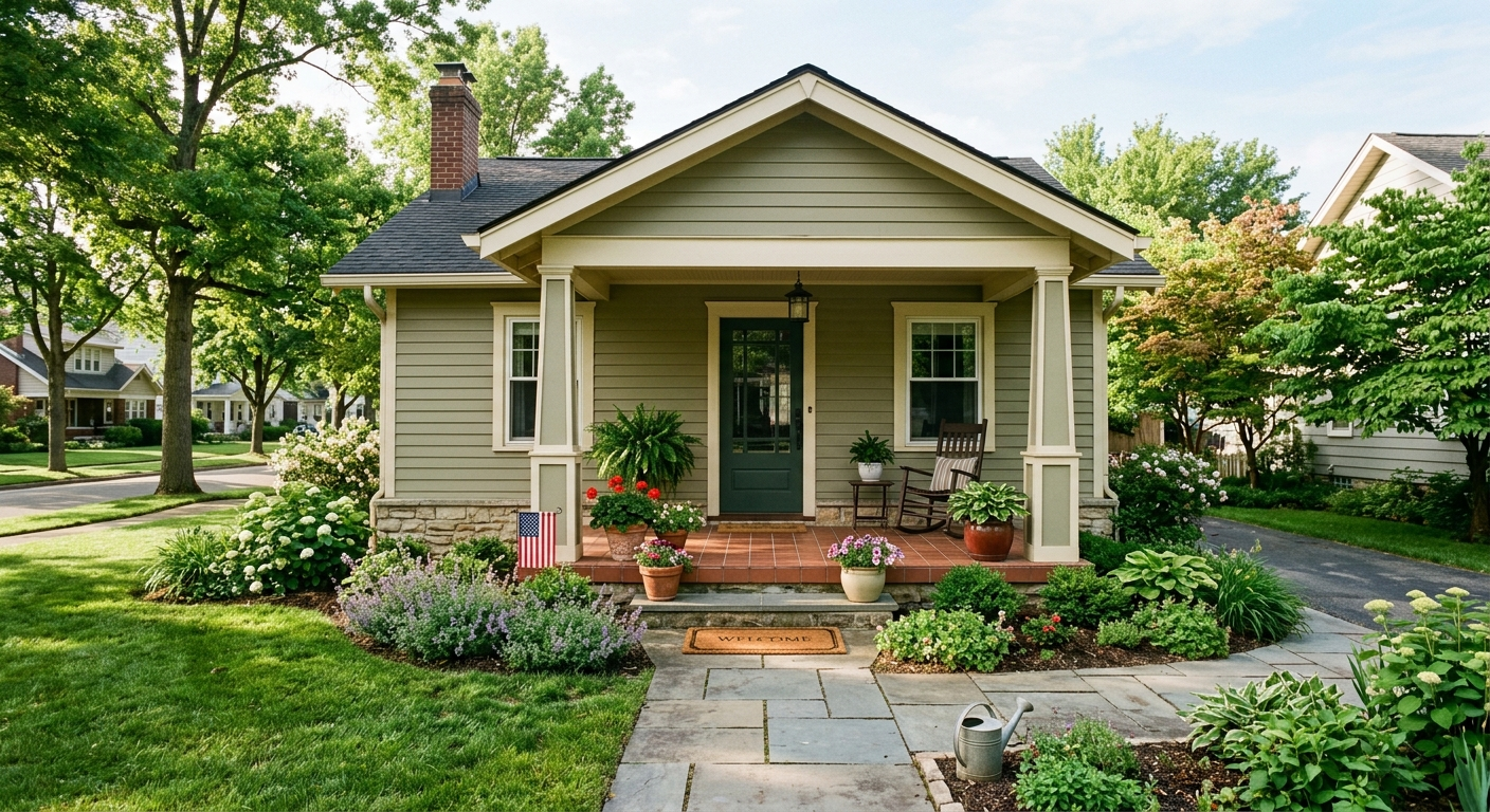 Cozy Ohio lakefront cottage with a welcome sign on the porch, ready for short-term rental guests