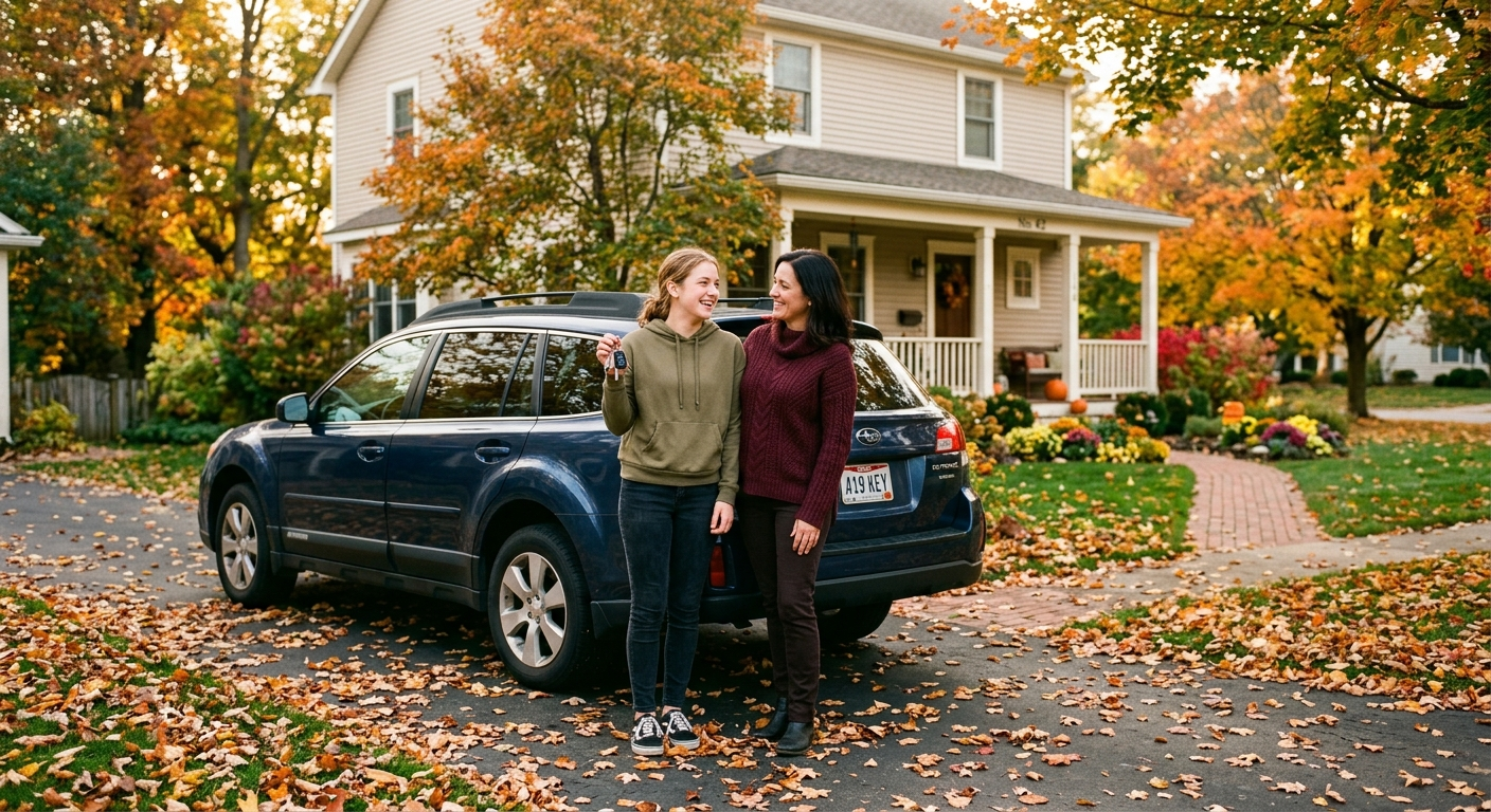 A nervous teenage driver gripping the steering wheel of a family car on a suburban Ohio street while a parent sits in the