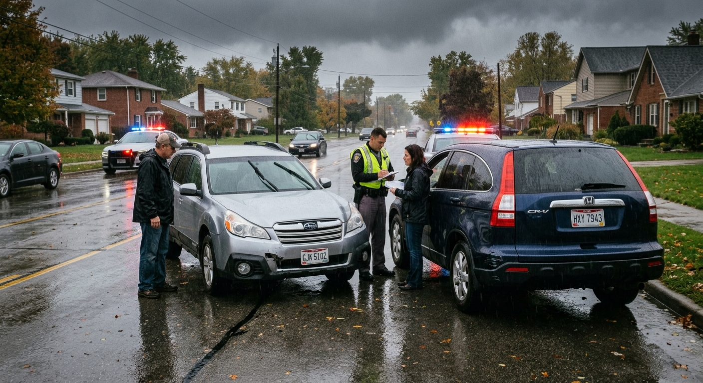 Two cars stopped after a minor collision on a busy Ohio highway on a cloudy afternoon