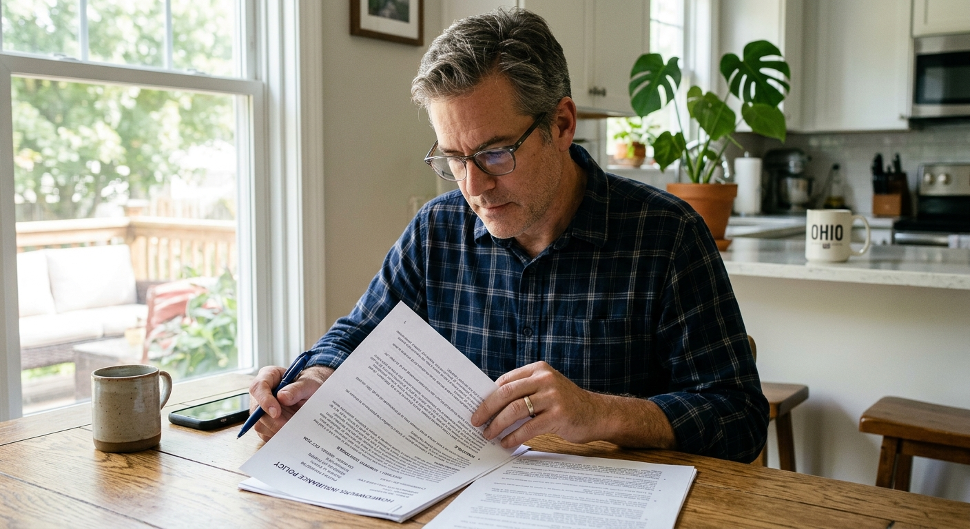 Ohio driver reviewing auto insurance documents beside a car parked on a suburban street in winter