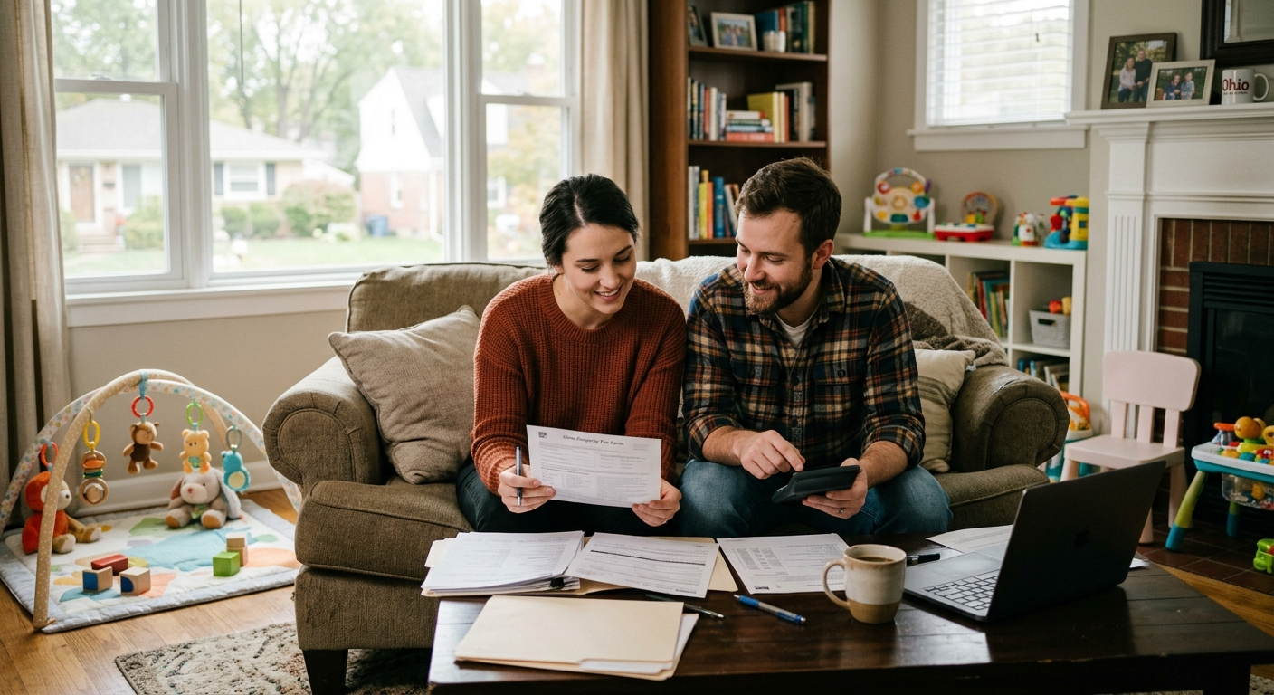 An Ohio family sitting at a kitchen table reviewing insurance documents with an independent agent